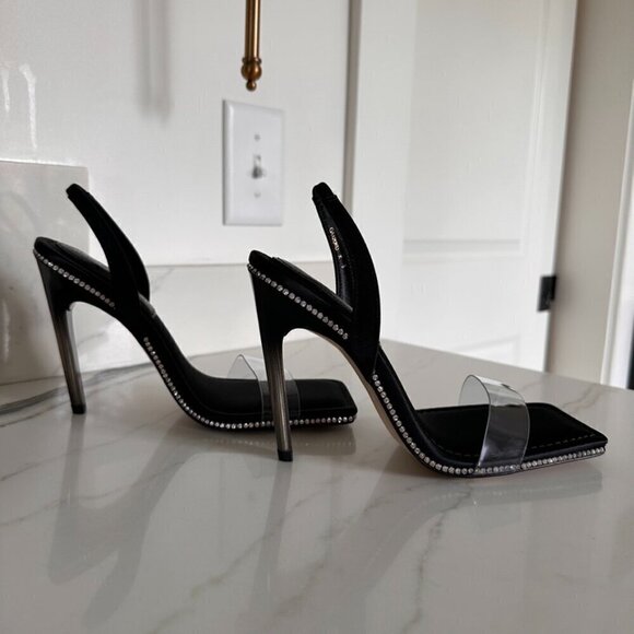 Good American Crystal Crush Lucite Satin Rhinestones Stilletto Heels SZ 9 - Picture 2 of 10